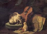 Henriette Ronner Cat,book and fiddle oil painting